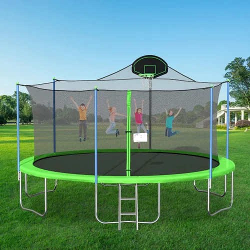 Trampolín de 16 pies con red de seguridad y almohadilla de seguridad, aro de baloncesto y escalera, trampolín para adultos y niños