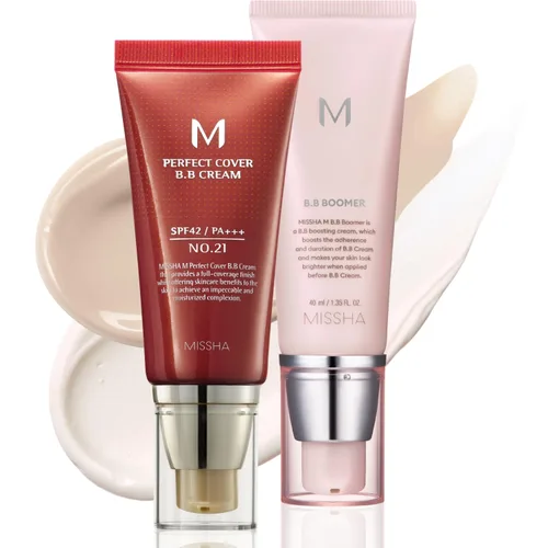 MISSHA BB ESSENTIALS KIT M PERFECT COVER BB CREAM No.21 Beige claro - Claro con Subtono Frío/SPF 42 PA+++ 1.69 oz y M BB Boomer 1.35 oz - Ligero,