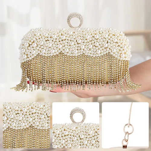 Miniatura 5 de CORIOS Bolso de noche para mujer, bolso de mano de perlas con borlas de cristal, bolso de mano de diamantes de imitación