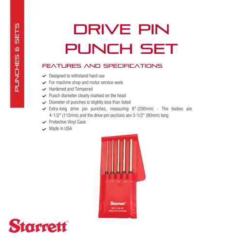 Miniatura 2 de Starrett Juego de punzones de clavo extra largo con empuñadura estriada y estuche protector de vinilo - 8" de longitud, 1/8", 3/16", 1/4", 5/16