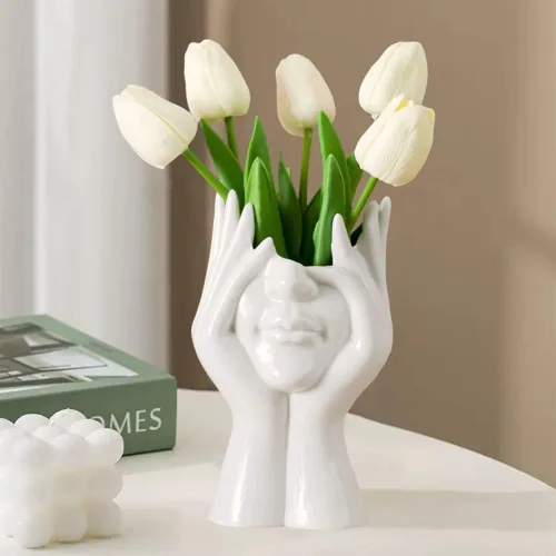 Jarrón de Cara de Cerámica, Jarrones de Flores Blancos para Decoración Forma Femenina Cabeza Jarrón de Medio Cuerpo Boho Único Decorativo Estilo