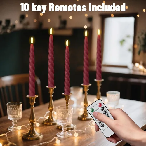 Miniatura 4 de Wondise Velas Cónicas Sin Llama con Control Remoto Temporizador, Candelabros Rojos Cerosos Reales a Batería Velas LED de Mecha 3D para Decoración