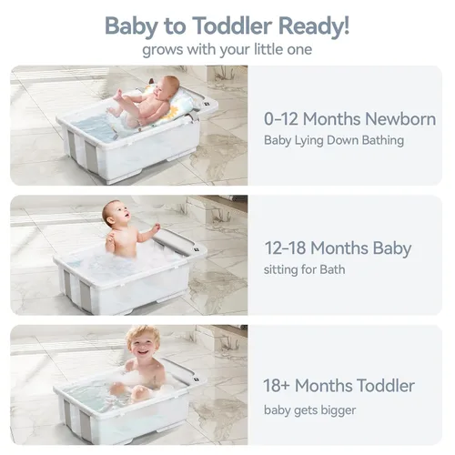 Miniatura 5 de Bañera de bebé plegable - Tina de baño de gran capacidad con termómetro y almohadilla suave Bañera portátil de viaje para recién nacidos e