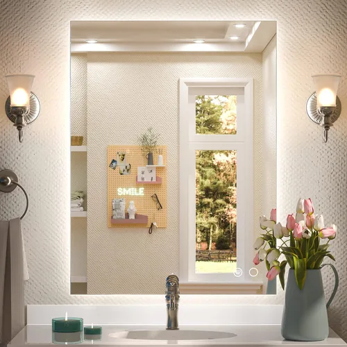 Miniatura 9 de Keonjinn - Espejo de 48x30 pulg retroiluminado LED para baño/tocador, luz de 3 colores ajustables blanca/cálida/natural, lúmenes altos, montaje