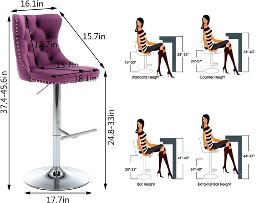 Miniatura 34 de Aoowow Juego de 2 taburetes de bar giratorios, taburetes de bar ajustables con respaldo de terciopelo copetudo, sillas de bar modernas tapizadas