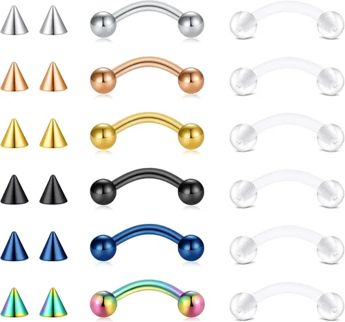 FECTAS Piercing para cejas, joyería vertical para labio, barra curvada de 0.56 oz, diminutos anillos para cejas, ombligo, oreja, hélice, caracola,