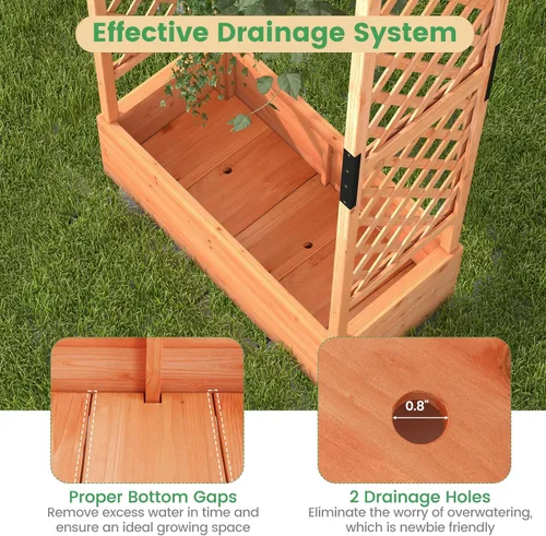 Miniatura 6 de Giantex Cama de jardín elevada con enrejado y techo colgante, jardinera de madera con parte inferior y agujeros de drenaje, maceta de jardín