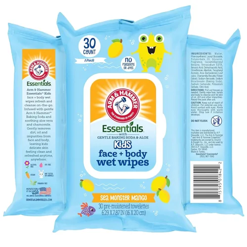 Sea Monster - Toallitas húmedas de mango para bebé, 30 unidades de toallitas húmedas para cara y cuerpo, 1 paquete abatible de toallas infundidas