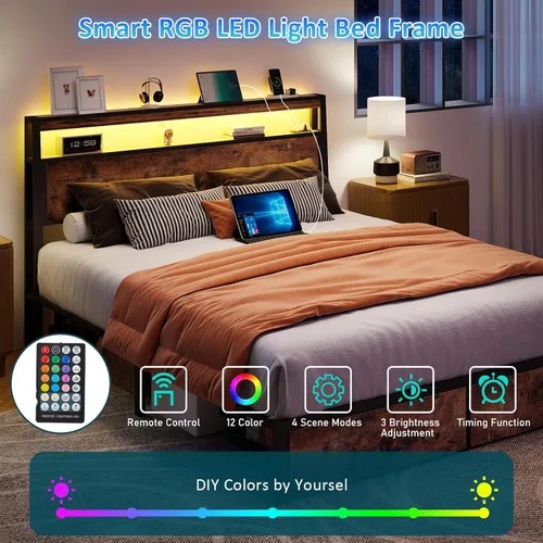 Miniatura 3 de SADENICEL Base de cama de tamaño matrimonial con almacenamiento, plataforma de cama de madera LED con cabecero, 2 cajones, estación de carga,