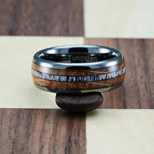 Miniatura 4 de 100S JEWELRY Anillos de tungsteno gris Gunmetal para hombre, con incrustaciones de madera y alce, banda de compromiso de promesa de boda