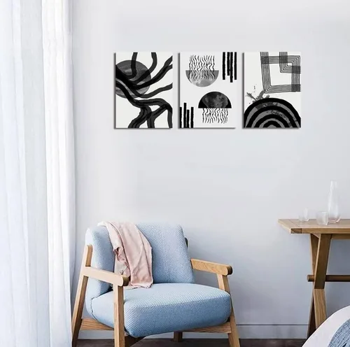 Miniatura 6 de Arte de pared abstracto bohemio en blanco y negro, 3 piezas, lienzo estirado y enmarcado, pintura de tinta fluida negra, arte de pared de línea