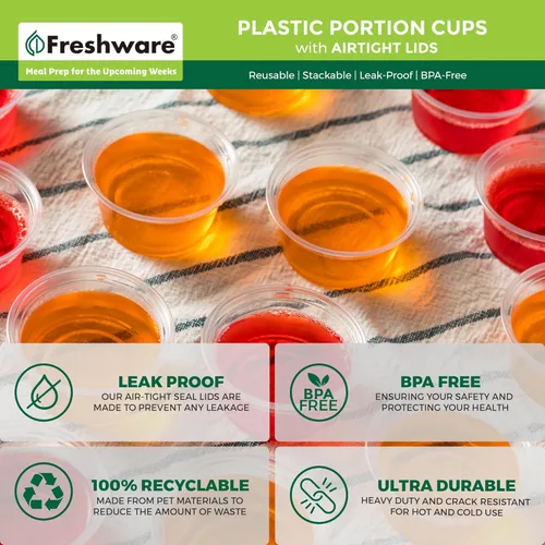 Miniatura 6 de Freshware Vasos de Plástico para Porciones con Tapas [1 Onza, 100 Juegos] Vasos de Plástico Desechables para Preparación de Comidas, Aderezo