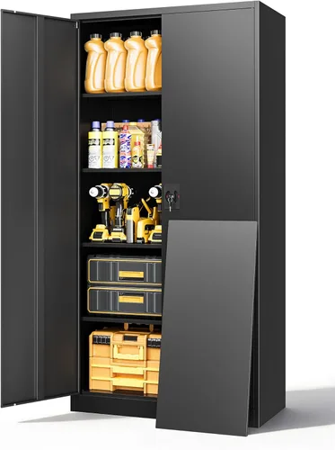 Miniatura 38 de Armario de almacenamiento de metal, archivador alto con 2 estantes ajustables y cajón, gabinete de herramientas de acero con cerradura para oficina