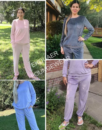 Miniatura 5 de Ekouaer Conjunto de pijama de manga larga para mujer, ropa de dormir suave de 2 piezas de terciopelo con bolsillos