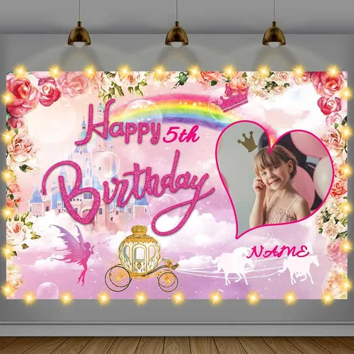 Suministros decorativos personalizados para fiesta de cumpleaños de castillo de princesa, pancarta de fondo de cumpleaños rosa real para fiesta de