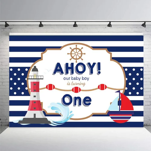 Miniatura 2 de MEHOFOND Ahoy - Telón de fondo náutico para primer cumpleaños con diseño de rayas azules, barco, bebé, bebé, cumpleaños, fotografía de fondo