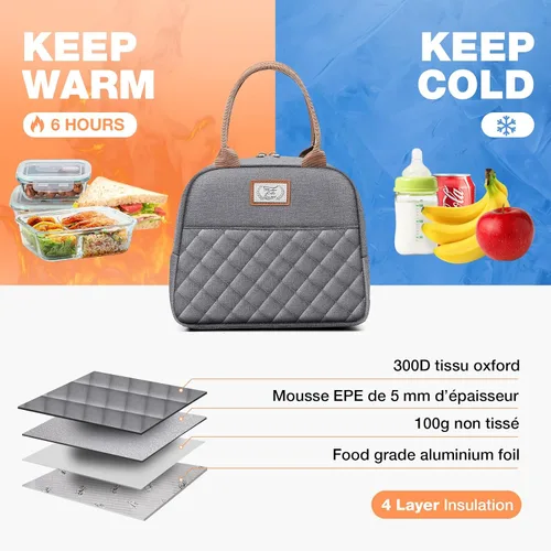 Miniatura 4 de Lekesky Lonchera para mujer, lonchera aislada, bonita bolsa de almuerzo a prueba de fugas para el trabajo de adultos, color gris