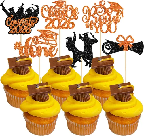 Miniatura 22 de Gyufise 24 piezas de decoración para cupcakes con purpurina para graduación 2026, decoración de pasteles para graduación 2026, decoración de Negro