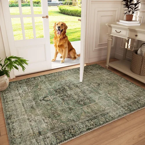 Miniatura 63 de Tapete largo lavable para pasillo o cocina: 2 x 6 pies, con respaldo antideslizante, de pelo corto, suave, para entrada, interiores, pasillos, Verde