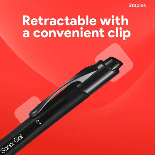 Miniatura 6 de STAPLES Bolígrafos de gel retráctiles, punta media de 0.028 in, tinta negra, paquete de 12 bolígrafos de gel Sonix con clip de bolsillo