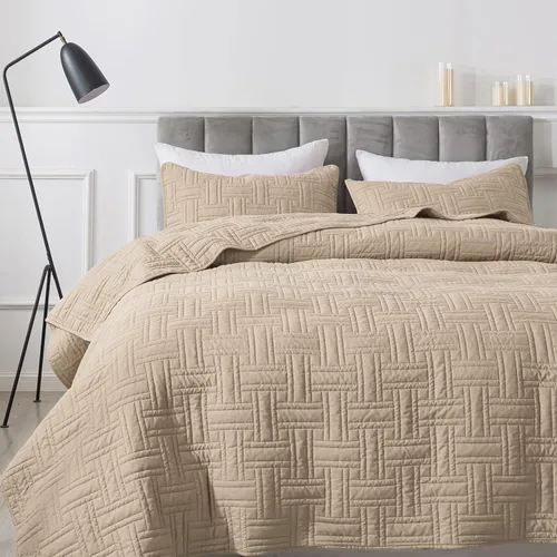 Juegos de ropa de cama acolchados beige tamaño Queen con fundas de almohada, colcha cubrecama ligera y suave color crema tostado, manta acolchada de