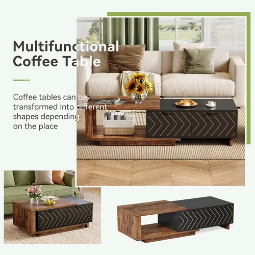 Miniatura 7 de LITTLE TREE Mesa auxiliar de madera expandible con 2 cajones, mesa central rectangular de granja que ahorra espacio, perfecta para sala de estar