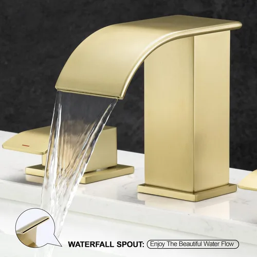 Miniatura 6 de Grifo de baño de cascada de oro cepillado de 8 pulgadas, grifos de baño para fregadero de 3 agujeros, grifo de lavabo de baño generalizado 2 asas