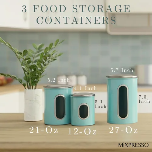 Miniatura 2 de Mixpresso Juego de 3 recipientes de color azul aguamarina para la cocina, juego de recipientes herméticos con ventana transparente, tarros de Azul