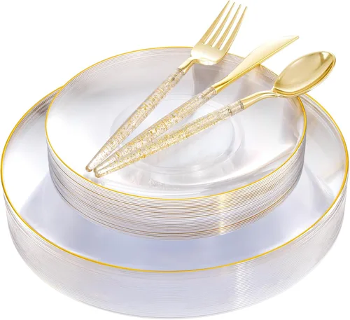 Miniatura 20 de Liacere - 150 platos de plástico plateado transparente y cubiertos desechables de plástico plateado con mango de bambú con purpurina - Platos
