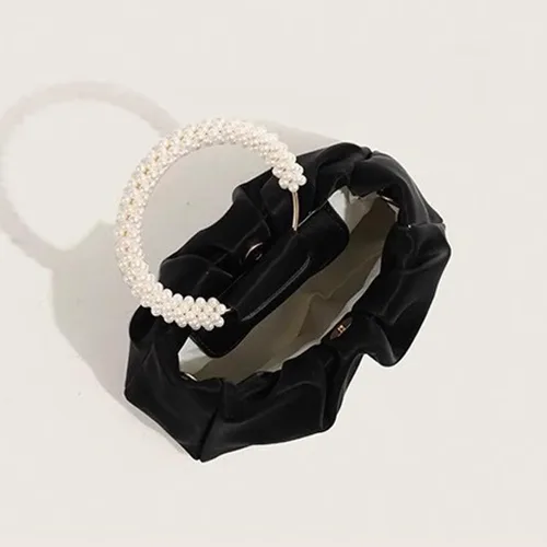 Miniatura 5 de Beatfull Bolso de noche para mujer, bolso de mano pequeño con perlas de cuero suave, bolso fruncido para boda, novia, fiesta, baile de graduación