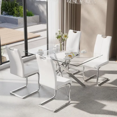 Miniatura 16 de Juego de mesa de comedor de 5 piezas para 4, mesa rectangular moderna de cristal con 4 sillas tapizadas de cuero, juegos de mesa y sillas de comedor