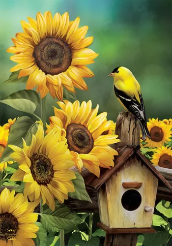 Briarwood Lane Bandera de casa de verano con jilguero y girasoles 19 - Jilguero