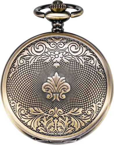 Miniatura 3 de TREEWETO Reloj de bolsillo con doble cubierta de bronce con números romanos para hombre y mujer