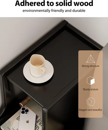 Miniatura 4 de Mesita de noche estrecha con 3 cajones, mesita de noche estrecha de madera maciza, color negro, moderna mesita de noche delgada para dormitorio