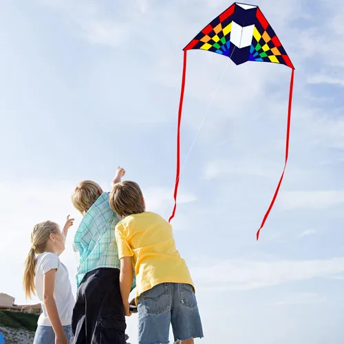 Miniatura 2 de HONBO Cometa Delta grande para niños y adultos, extremadamente fácil de volar para viajes a la playa, línea de cuerda incluida, con cola colorida