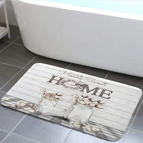 Alfombra de baño de granja, moderna flor de algodón floral sobre cuadros cuadriculados, antideslizantes, juego de alfombras de baño rústicas de