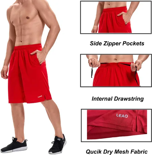 Miniatura 6 de LEAO Pantalones cortos de baloncesto para hombre con bolsillos con cremallera, secado rápido, holgados, pantalones cortos de entrenamiento