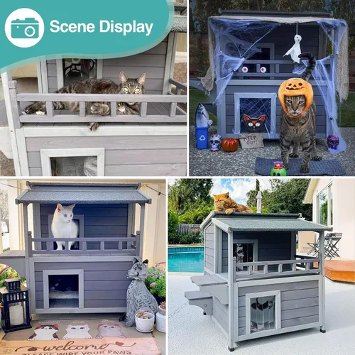 Miniatura 6 de Casa climatizada para gatos al aire libre, refugio aislado resistente a la intemperie de 2 pisos para invierno, almohadilla lavable desmontable