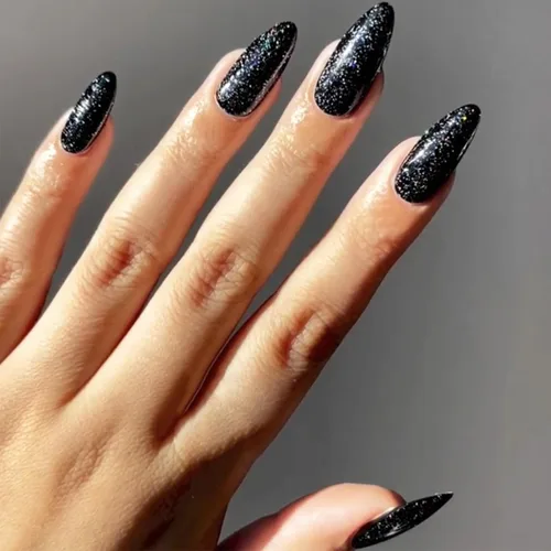 Miniatura 15 de Uñas postizas cromadas negras a presión de almendra mediana, uñas postizas de aguja con diseño brillante, uñas postizas acrílicas de metal brillante