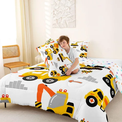 Miniatura 6 de Feelyou Juego de edredón de coche de dibujos animados para niños, edredón de construcción para niños, juego de ropa de cama de camiones y equipos
