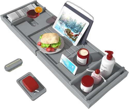 Miniatura 7 de Bandeja de bañera para baño de lujo, mesa de baño expandible de bambú impermeable sobre la bañera con soporte para vino y libros y jabonera gratis