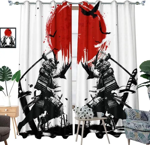 Miniatura 3 de Cortinas opacas samuráis japonesas para dormitorio, tinta de acuarela, espada samurái, estampado de sol rojo, ojales, aislamiento térmico, cortinas