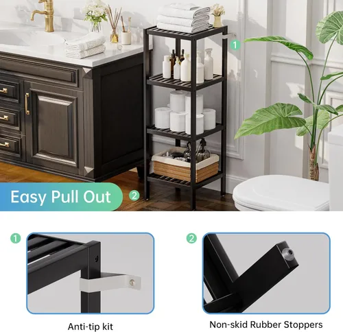Miniatura 7 de SMIBUY Estante de almacenamiento para baño, organizador de bambú de 4 niveles, estantería multifuncional para sala de estar, dormitorio, cocina Negro