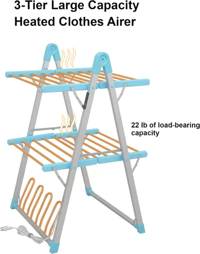 Miniatura 3 de Estante eléctrico calentado para secar ropa, secadora de prendas plegable calentada con temporizador de apagado, estante para ropa, zapatos, Azul