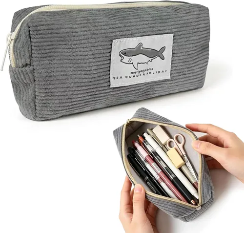 Miniatura 7 de Estuche pequeño para lápices con gran capacidad, estuche con diseño de tiburón, bolsa con cremallera gris para oficina, organizador de papelería