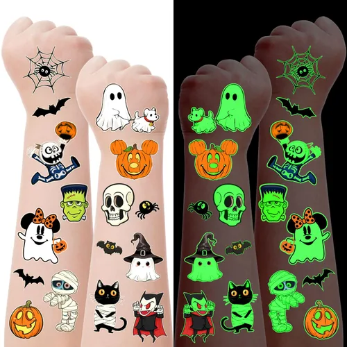 160 tatuajes temporales de Halloween, tatuajes que brillan en la oscuridad, impermeables, luminosas, tatuajes, diseños de calabaza, esqueleto,