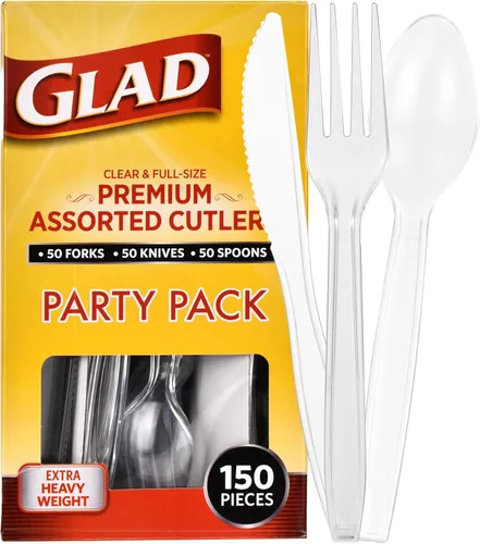Miniatura 17 de Glad Cubiertos de plástico surtidos de alta calidad, tenedores, cuchillos y cucharas transparentes extra resistentes, juego de 150 piezas
