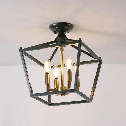 Miniatura 2 de JONATHAN Y Plains 12" Dark Green and Brass Gold 4-Light Iron Semi Flush Mount Lantern, Modern Farmhouse Open-Frame Pagoda with Metal Cage for
