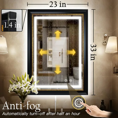 Miniatura 2 de ROLOVE Espejo antiguo negro y dorado de 23 x 33 pulgadas para pared, espejos vintage iluminados para baño con antivaho, marco impermeable, vidrio