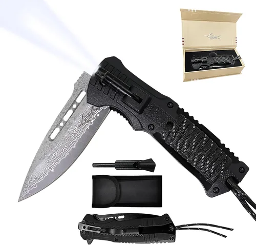 Miniatura 10 de XIPHIAS Damascus XK039DA - Cuchillo de supervivencia 6 en 1, multiherramienta plegable con luz LED, arrancador de fuego, silbato y paracaídas, clip